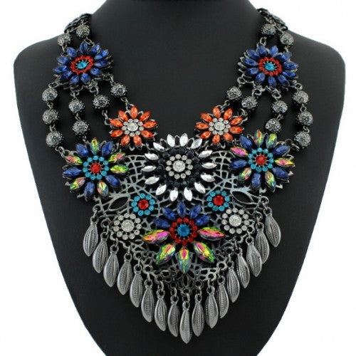 Crystal Flower Charms Statement Necklace